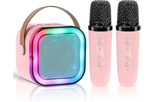 Qingning Mini Karaoke con 2 Microfoni Senza Fili per Bambini e Adulti, Macchina Karaoke per Bambini, Altoparlante Bluetooth Portatile con Luci LED, Giocattolo Regalo per Ragazzi Ragazze 3-14 Anni-Rosa