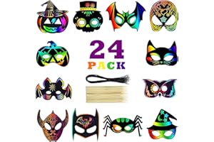 CTXTQTDT 24 Pièces Masques Carte à Gratter Enfant, Masque Enfant Halloween, Rainbow Dessin Gratté Enfants avec Cord élasticité et Stylet en Bois, pour Enfant Halloween Carnaval (A)