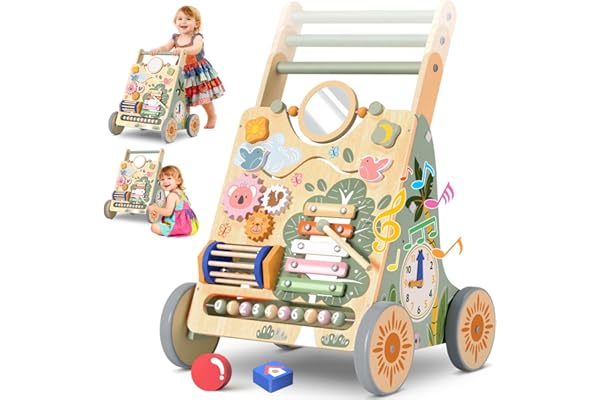 Chariot de Marche en Bois pour Bébé, Centre d'Activités Multiples Montessori, Trotteur Bébé Hauteur et Vitesse Réglables, pour Fille et Garçon de 6 Mois à 2 Ans, Cadeau pour Anniversaire et Noël