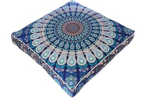 Eyes of India - 35" Blue Orange Large Oversized Mandala Square Colorful Floor Pillow Cover Pouf Meditation Cushion Seating Bohemian Accent Boho Chic Dog Bed Handmade Cover ONLY