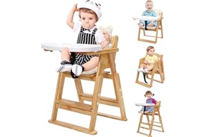 YOSAMY Foldable Wooden Highchair with Cushion for Kids,4-in-1 Baby Highchair,Convertible Baby Chair with Ajustable Height and Footrest,Safety Harness and Detachable Tray,Natural