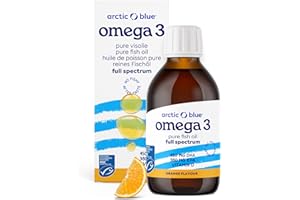 ‎ARCTIC BLUE Arctic Blue Omega 3 Fischöl – 250 ml flüssig – MSC-Zertifiziert - hochdosiert mit DHA, EPA und Vitamin D – ohne Aufstoßen oder Fischgeruch – arktisches Fischöl – Orangengeschmack