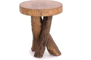DESIGN DELIGHTS Robusto legno di teak 40 | 41 x 34 cm (altezza x diametro), legno anticato, tavolino rustico, sgabello a tre piedi, tavolino in legno | Colore: 01 natura vintage