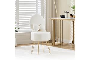 AffinityFurn White Dressing Table Chair, Sherpa Fleece Vanity Chair with Stroage Space and Metal Legs, Makeup Vanity Stool with Pillow & Foldable Backrest, Accent Chairs for Bedroom Makeup
