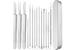 PARASTAR Zestaw 14 narzędzi do usuwania wągrów i wyciskania pryszczów, pęsety, igły, w pudełku, dla wszystkich rodzajów skóry, nosa i twarzy (stal nierdzewna)