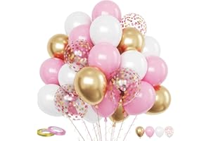Funhot Pink and Gold Balloons Set, 60PCS Pink Gold White Party Balloon, 12Inch Light Pink Gold Confetti Latex Balloon Metallic Gold Balloon for Birthday Wedding Baby Shower Pink Graduation Decorations