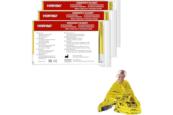 HONYAO Couverture de Survie 3 Pièces, 210×160cm, Réutilisable Extra Large, CouvertureThermique Or Argenté, Couverture d'urgence pour l'extérieur, Randonnée, Survie, Marathons, Premiers Secours