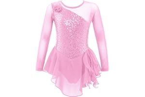 dPois Robe de Patinage Artistique Enfant Fille Robe de Danse Classique Manches Longues Paillettes Brillants Justaucorps Gymnastique Gym Ballet 4-14 Ans