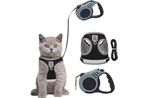 BINDOKUN Pettorina Gatto, Guinzaglio per Gatti Allungabile, Antifuga Pettorina per Gatti Piccola con Rivestimento Riflettente Guinzaglio per Cuccioli Passeggiate all'aperto in Maglia Traspirante (Nero, S)