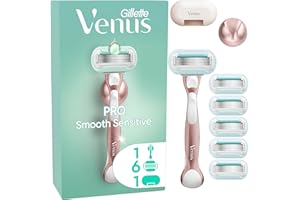 ‎GILLETTE VENUS Gillette Venus Pro Smooth Sensitive Damenrasierer für empfindliche Haut — Inkl. 6 Ersatzklingen für Nassrasierer mit einem Hauch von Aloe Vera, Duschhalterung und Reiseschutzkappe