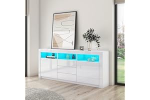 T AUNTY STORE Sideboard for Living Room 2 Doors 3 Drawers White High Gloss TV Cabinet Cupboard Unit for Bedroom Dining Room Storage Furniture 160 x 35 x 72cm(LxWxH)