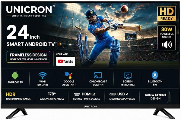 UNICRON 24 inch smart tv Android Frameless HD LED TV | WiFi Enabled | Built-in Apps Compatible (YouTube, Netflix, Prime Video) | HDMI, USB Connectivity | Screen