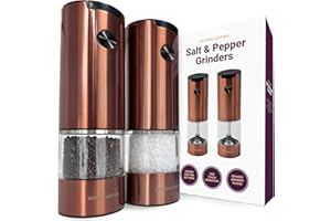 Andrew James Salt and Pepper Mills Electric Grinder Set Stainless Steel Illuminated Dispenser Adjustable Coarseness Ceramic Blades, One Touch Operation, Battery Power, 17.5cm x 5cm (Copper)