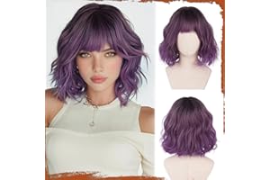 Sofeiyan Perruque courte ondulée Bob avec frange Femmes 30 cm Noir à Violet Ombré Perruque synthétique pour femmes Perruque naturelle bouclée pour cosplay quotidien fête Halloween