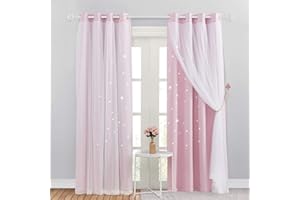 NICETOWN Pink Curtains with Net - Nursery Eyelet Door Curtains 84 Drop Mix Net Curtain with Solid Fabric & Twinkle Star Pattern for Bedroom, 2 Pieces, 52 in x 84 in, Baby Pink
