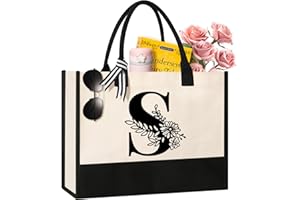 Tecanne Personalized Initial Canvas Tote Bag, Cosmetic Bags, Suitable for Birthday, Wedding, Beach, Holiday, Great Birthday Gifts for Women, Mom, Teachers, Nurses, Best Friends, Bridesmaids (S)