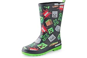 Minecraft Boys Wellington Boots | Kids Wellies with Creeper & Skeleton Character Face and TNT Block Graphic Print in Black | Water Resistant Rubber Boots for Children | Mojang Game Merchandise Gift