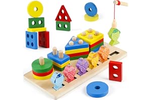 Teklemon Jeux Montessori 1 2 3 4 Ans, Jouet Enfant 2 en 1 Garcon Fille Éducatif, Jouet en Bois à Empiler et de Tri, Jeux de Peche en Bois, Puzzles à Trier Les Formes, Cadeau Enfant 1 2 3 4 5 Ans