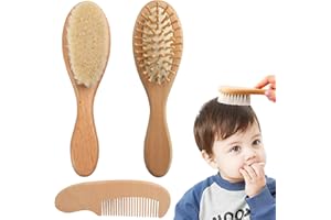WOKICOR Lot de 3 brosses à cheveux et peignes pour bébé avec poils de chèvre doux, en bois et peigne pour nouveau-né, enfant, cadeau de baptême