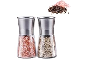 KHAOP Salt and Pepper Grinder Set - 2Pack Stainless Steel Salt Manual Pepper Mills with Adjustable Coarseness for Spices and Seeds Fits in Home, Kitchen, Outdoor (No Salt and Peppercorns) - Short