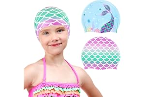 WAWSAM 2 Pack Kids Swim Cap - Boys Girls Durable Silicone Swimming Cap Waterproof Swimming Cap for Long and Short Hair Bathing Caps
