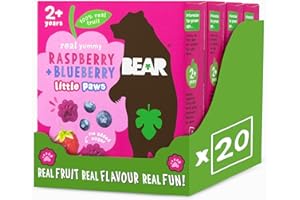 BEAR Raspberry & Blueberry Paws - Delicious Real Fruit - Suitable for 2+ years - Healthy - 20g - 4 x 5 Packs (Pack of 20)