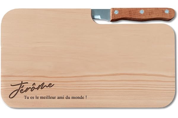 LOOXIS Planche à découper personnalisée avec couteau à bosse, nom et texte gravés - Bois de chêne, 26x15cm (Idée de cadeau pour femmes, hommes, emménagement, Saint-Valentin) Nom + texte