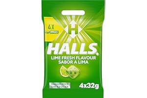 RESPIRAL Halls Caramelos Sabor Lima, Sin Azúcar, Paquete de 4 x 32 g