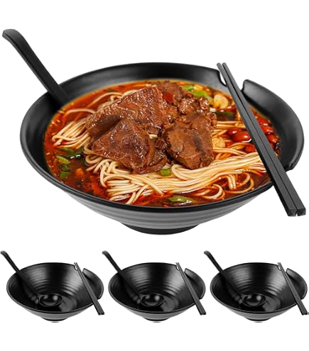 Bol à Ramen Japonais Lot De 2 - 1300ml, Avec Baguettes Et Cuillères, Noir Mélamine - 2