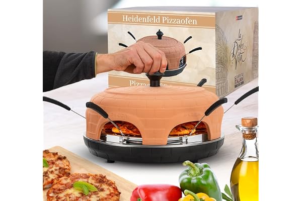 Heidenfeld Four à pizza Pizzachef | Place pour 6 personnes - Four à pizza électrique - 1000 Watt - Four à raclette avec toit en terre cuite - Incluse Pizzamaker avec spatules à pizza