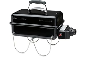 Weber Go-Anywhere Barbacoa de gas, superficie de la parrilla 42 x 26 cm, barbacoa portátil ligera, barbacoa de mesa para camping con tapa y cuba esmaltadas, patas plegables - Negro (1141056)
