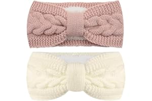 IMPODITIONGS 2 Stück Damen Gestrickt Stirnband, Verdicken Stirnband Damen, Haarband Ohrenwärmer Elastische, Winter Kopfband Haarband, Elastische Haarreife Ohr Wärmer für Mädchen (Rosa, weiß)