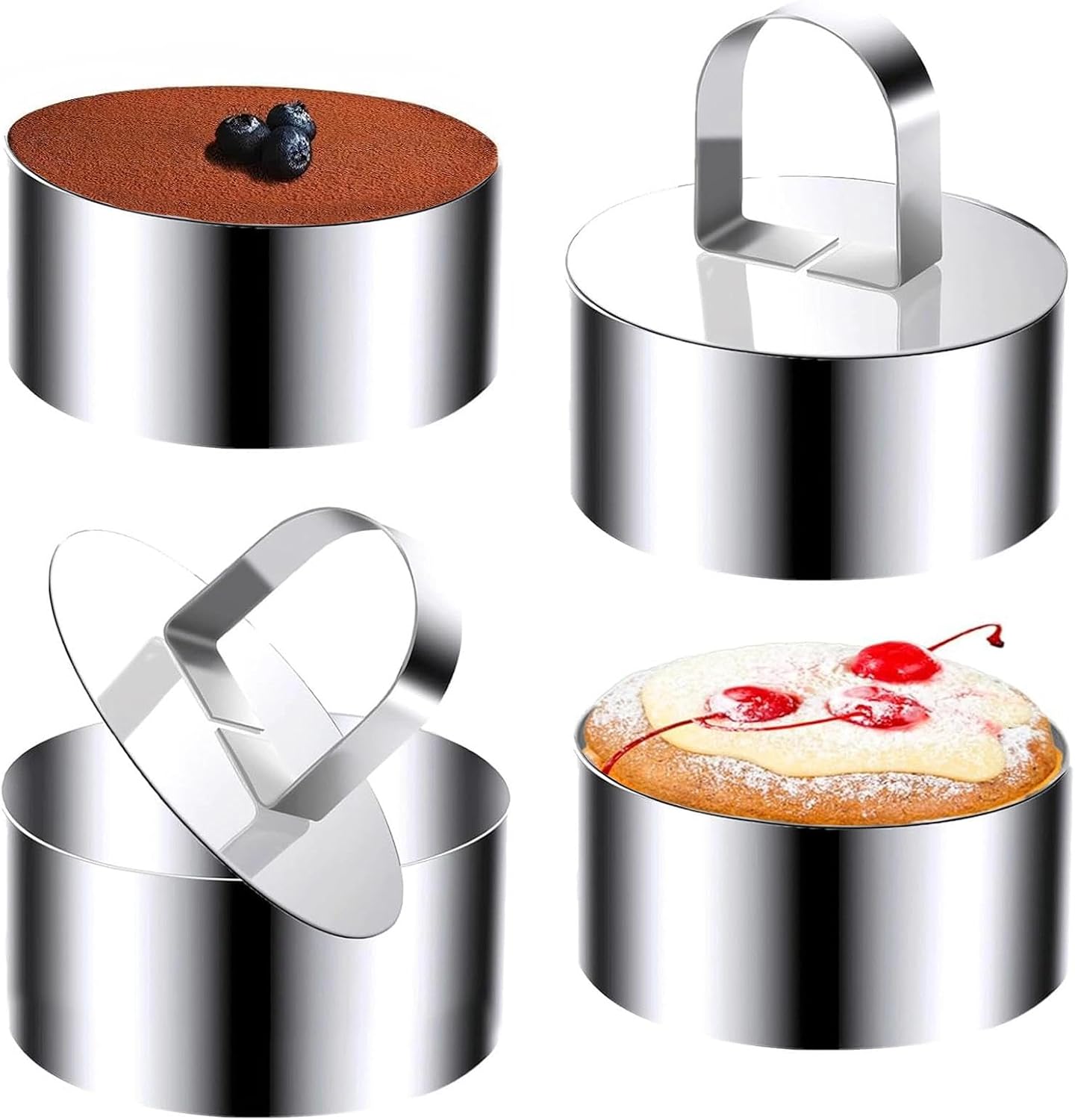 Sikweny 4 Piezas Aros Emplatar Acero Inoxidable, Moldes Cocina con Putter Moldes Tartar Circular, Anillos de Postre Reutilizable para Mousse Tartas Pasteles Glaseados (8 CM)