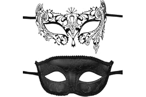 Lilwemen 2 Pack Halloween Couple's Venetian Masks Set Masquerade Ball Mask Carnival Mardi Gras Prom Mask Black with Rhinestones