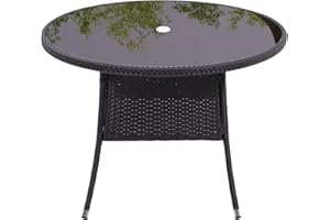 The Fellie Patio Table Garden Rattan Table Tempered Glass Tabletop Coffee Tables Outdoor Bistro Tables with Umbrella Hole (Black, Round 105cm)