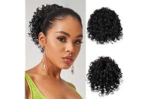 RUWISS Extensiones Coleta Postiza Pelo Rizada corto de Cola de Caballo Negra Extensión de Pelo con Clip Sintético Drawstring Ponytail Extension(2#)