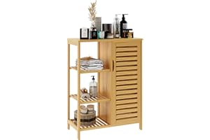 DlandHome Wohnzimmerschrank aus Bambus Küchenschrank mit Ei ner Tür und 3-stöckigen offenen Regalen, Sideboard Aufbewahrungseinheit Organizer für Wohnzimmer, Schlafzimmer, Bad, Küche, Flur