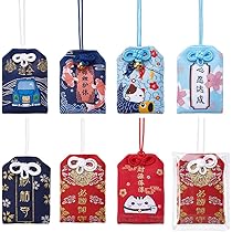 WEBEEDY Omamori charms, Japanse heiligdom, geluk, zegentas, amulet geluksbrenger, zegentas, hanger voor de gezondheid, Japanse hanger voor auto, Kerstmis, kerstboomhanger, 8 stuks