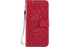 THOANKJ Samsung Galaxy A12 / M12 Case, Shockproof PU Leather Flip Notebook Wallet Cover Embossed Sunflower with Magnetic Stand Folio Soft TPU Bumper Shockproof Protective Case for Samsung A12 / M12 Red