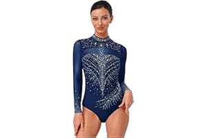 Fldy Damen Turnanzug Langarm Glitzer Strass Gymnastik Tanz Trikot Mit Durchsichtige Mesh Eislaufen Ballett Leotard