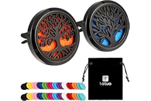 Tatuo 2 Pezzi Auto Aromaterapia Olio Essenziale Diffusore in Acciaio Inossidabile 316L Aria Deodorante Clip Vento Medaglione con 48 Pezzi Cuscinetti Feltro di Ricambio(Modelli di Albero-Nero)