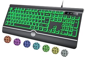 BERGUF Large Print Backlit Computer Keyboard, 7-Color Backlit Key board with Wrist Rest, USB Plug-and-Play, Oversize Letters Keys Easy to See and Type, Wired Light Up Keyboard for Laptop, PC, Gaming (Large)