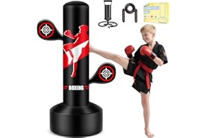 JUOIFIP Sac de Frappe Enfants, Set de Boxe avec avec Pompe et Corde à Sauter, Sac de Boxe Gonflable de 165cm, Cadeaux pour garçons et Filles de 3 à 12 Ans pour la Pratique du karaté, du Taekwondo.