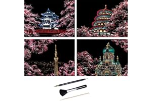 ShipeeKin 4x immagini da graffiare, 290 x 210 mm Monumenti famosi in tutto il mondo con fiori di ciliegio, carta da graffiare colorata patinata con set di strumenti