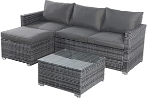 AZRBOPO Outdoor Rattan Corner Sofa, 3 Piece Rattan Garden Furniture Sets Outdoor Garden Lounge Set with Glass Table, Soft Cushion L-Shaped All-weather PE Rattan Patio Corner Sofa Couch - Gray
