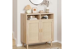 ‎LITAKE Litake Sideboard Rattan, 80x 92x 40 cm Anrichte mit 2 Offenem Fach & 2 Rattan Türen, Kommode Holz Buffetschrank Aufbewahrungsschrank Konsolentisch Kaffeebarschrank TV-Ständer,Natur