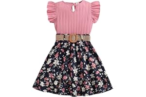 SoLu DAY8 Ensemble Enfant Fille Ete 7-12 ans Tailleur Jupe a Fleur Et Tee Shirt Top Manche à Volant Fille Chic et élégant Fluide Fashion Large Pas Cher Confortable Casual Sport Plage