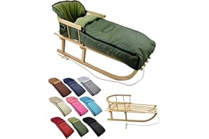 BambiniWelt Holzschlitten mit Rückenlehne & Zugseil + Winterfußsack 108 cm – warmes Thermofleece, wasserabweisend – Kombi-Set für Kinderwagen & Buggy, Farbe: olive