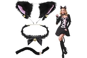 LETCDFER 3 Pcs Cat Ears and Tail Adult Cat Tail Cosplay Cat Ear Hairband Set Adult Cat Ears and Tail, Furry Wolf Fox Ears Headband Long Tail with Bells Necklace for Animal Dress Up Cat Halloween Cosplay