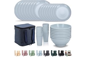 Evanda Plastic Dinnerware Sets 32 Piece Service for 8 with a Portable Oragnizer Bag, Reusable Plates and Bowls Sets Include Cups, Bowls, Dishes for Home, Camping, Picnic, Outdoor (Light Blue)